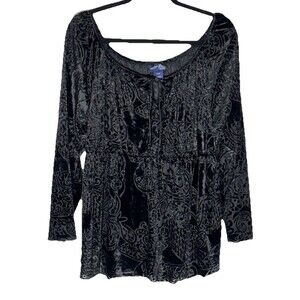 Venezia Burnout Black Velvet Top Size 18/20 1X Plus Vintage 90s Y2K Peasant Goth